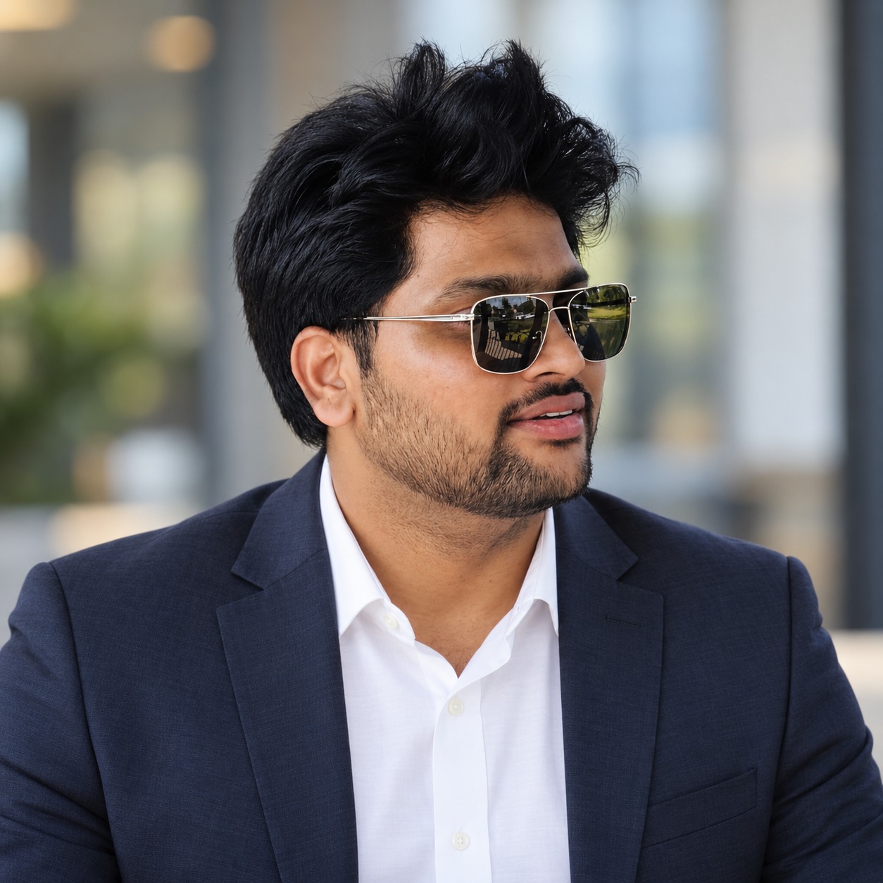 Ajay Garidipuri wearing a navy blazer